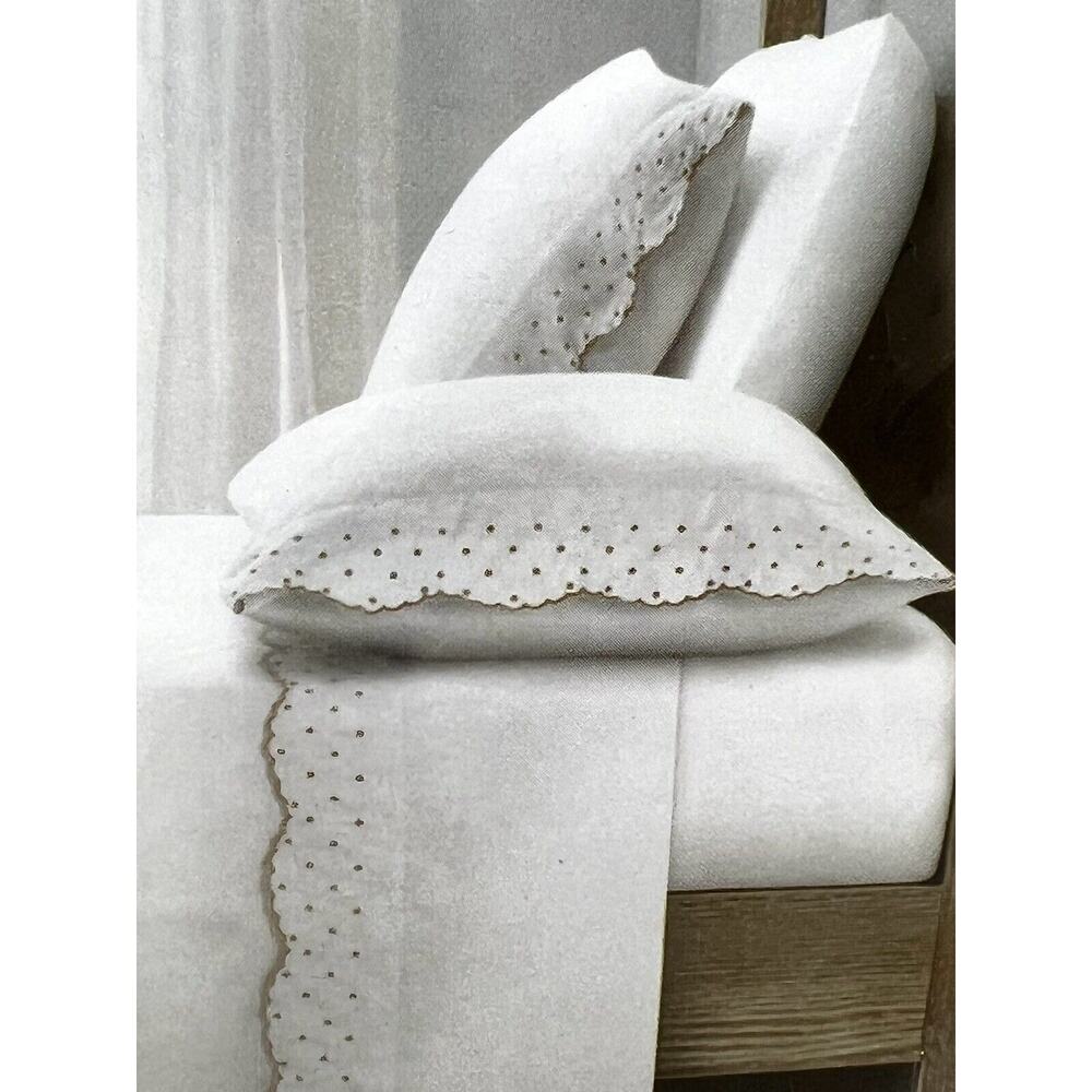 Shabby Chic Embroidered Cotton King Sheet Set Scallop Dot Natural Tan Beige Wht